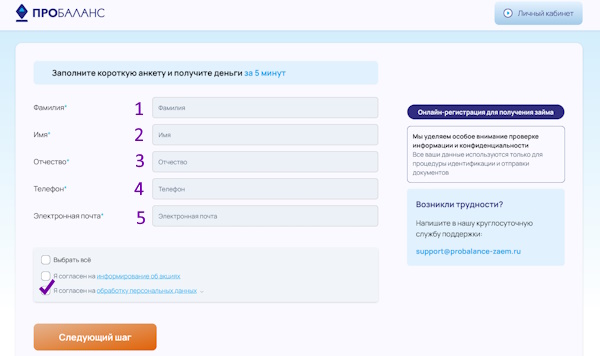 Онлайн-заявка на получение бесплатного займа в Пробаланс
